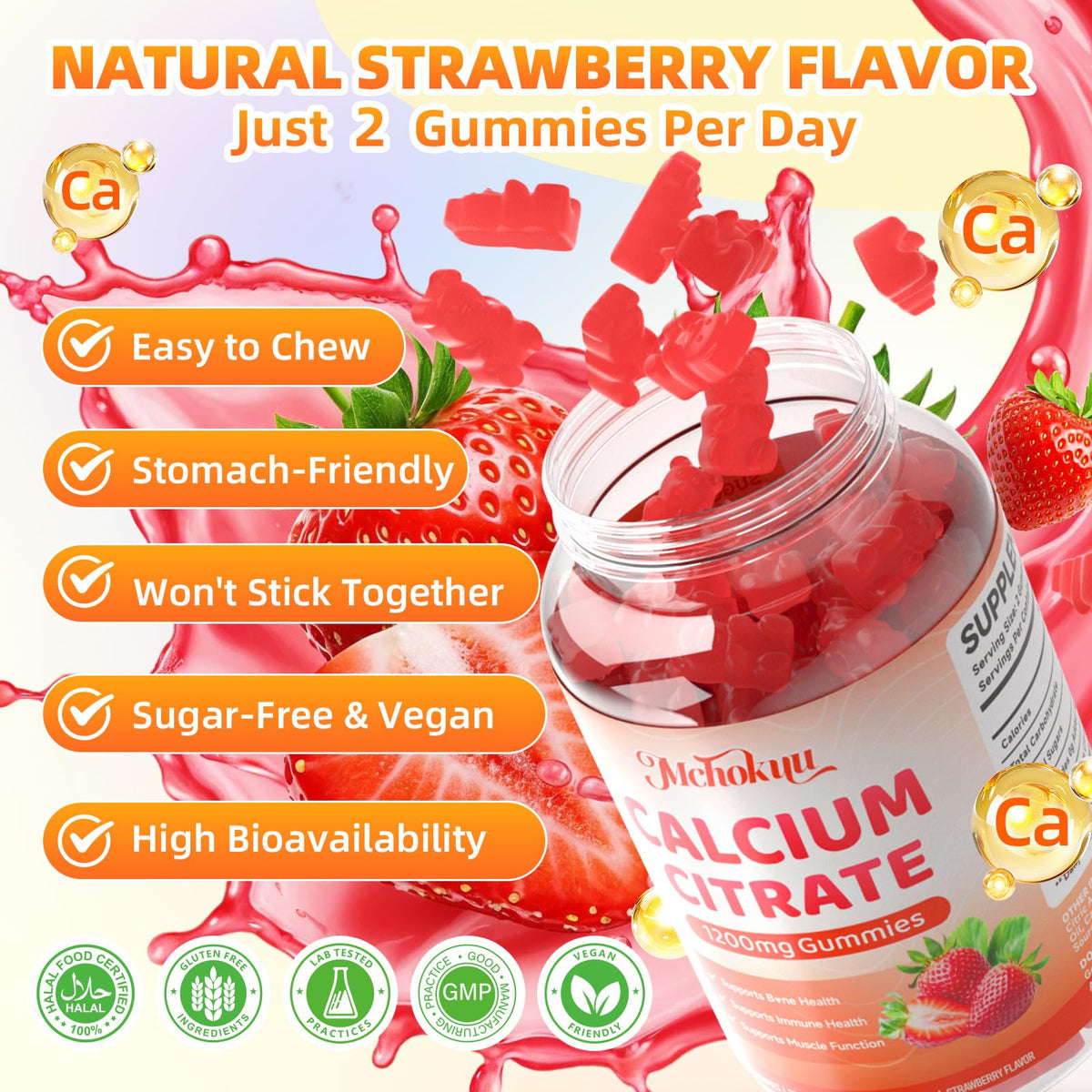 Bouteille de gummies au calcium citrate Mchokuu ouverte