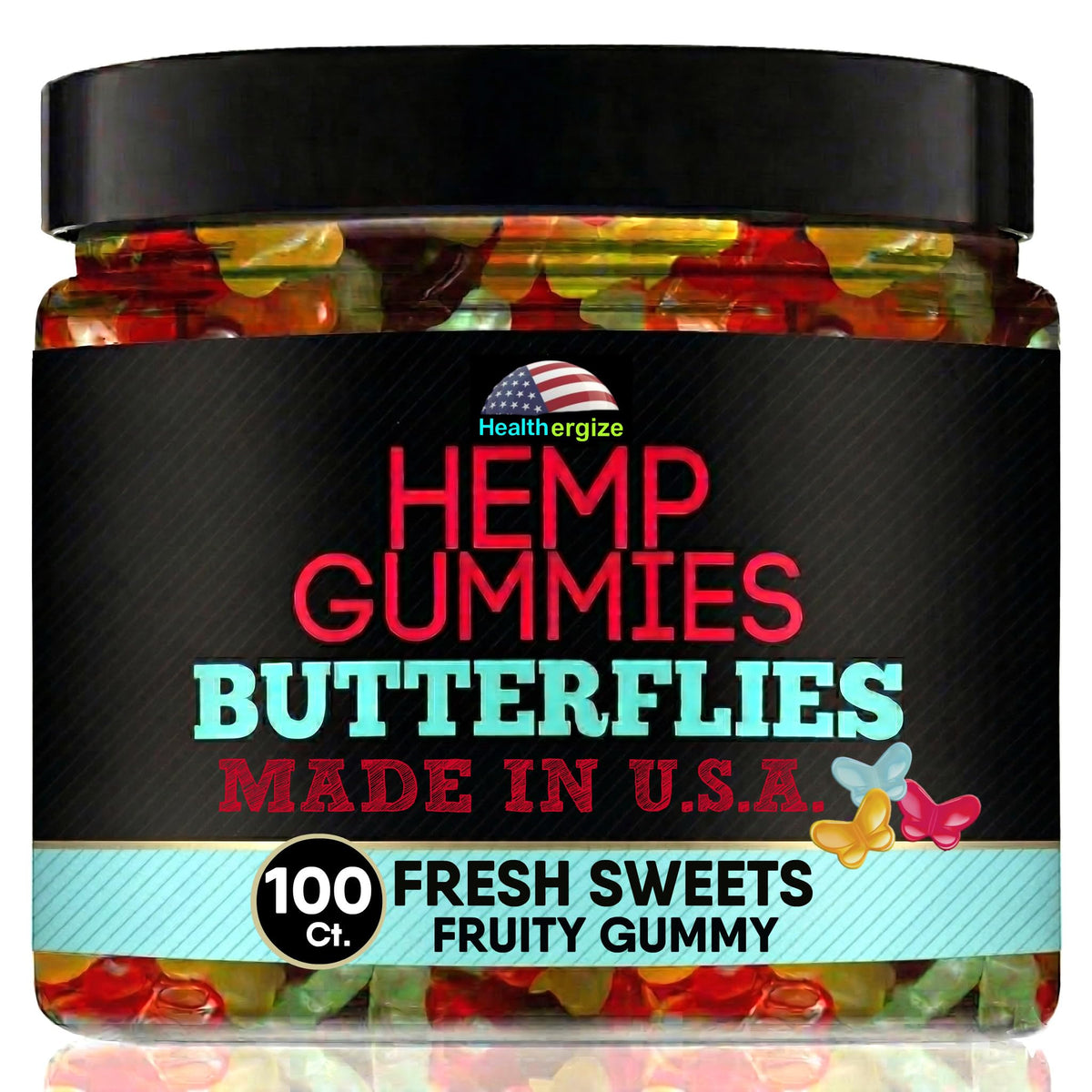 Bouteille de gummies au chanvre Healthergize avec 100 papillons colorés