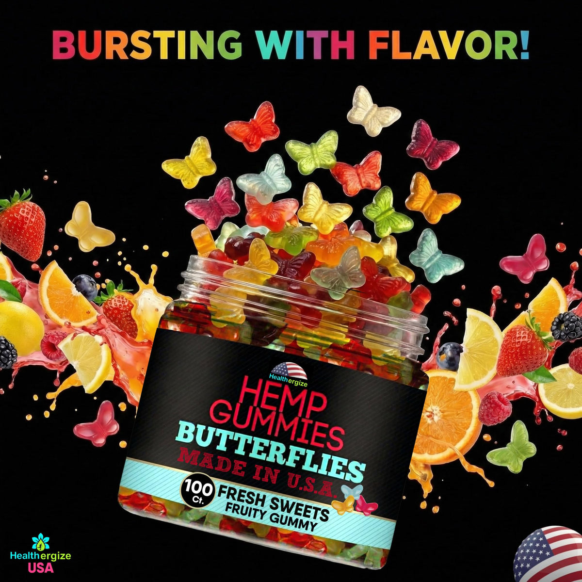 Bouteille de gummies au chanvre Healthergize ouverte, vue de dessus