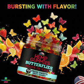 Bouteille de gummies au chanvre Healthergize ouverte, vue de dessus