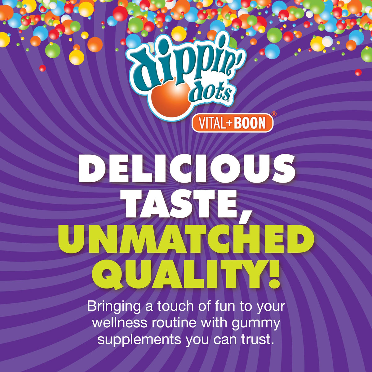 Bouteille de gummies au fer Dippin' Dots ouverte, montrant les gummies à l'intérieur