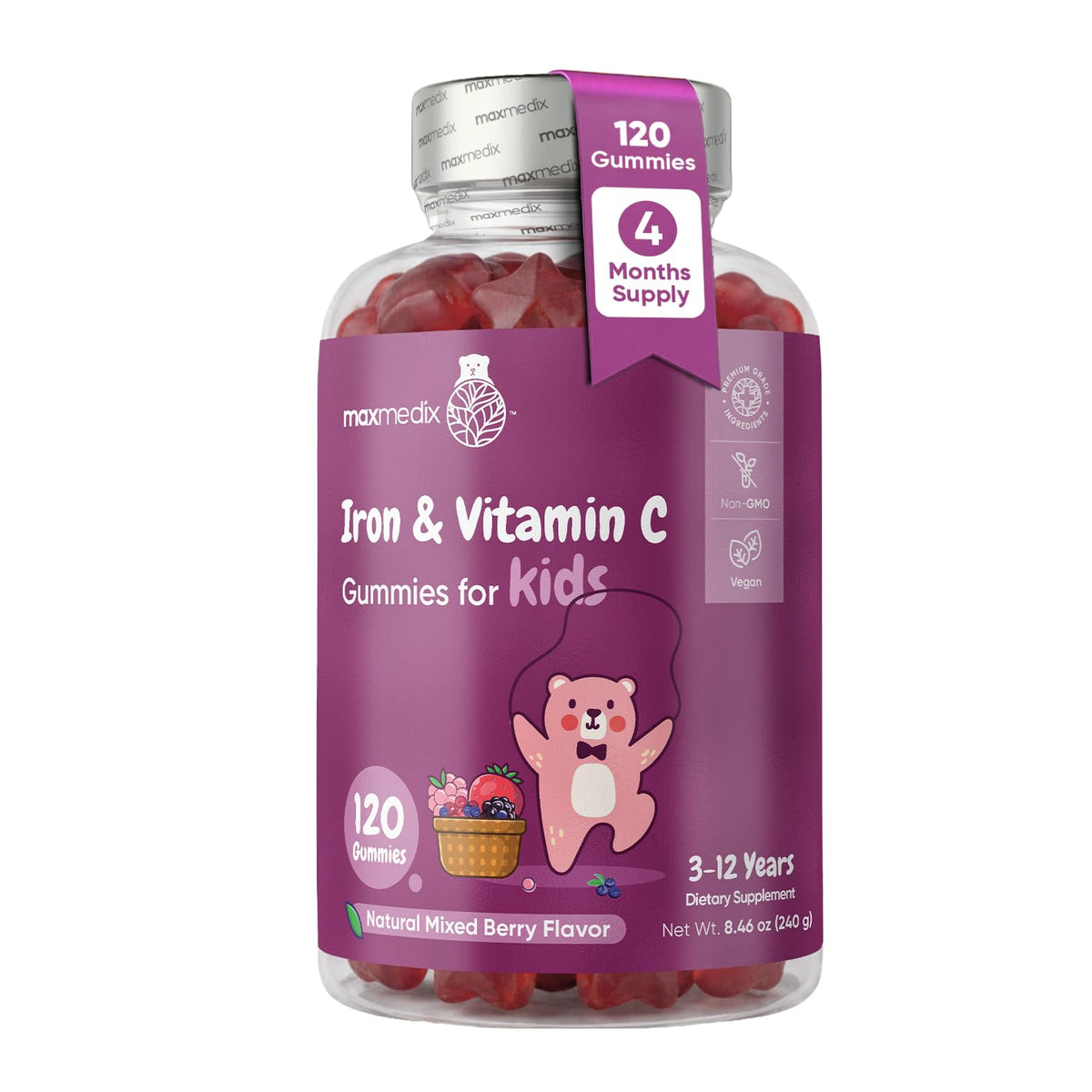 Bouteille de gummies au fer maxmedix pour enfants, 120 gummies, vue de face