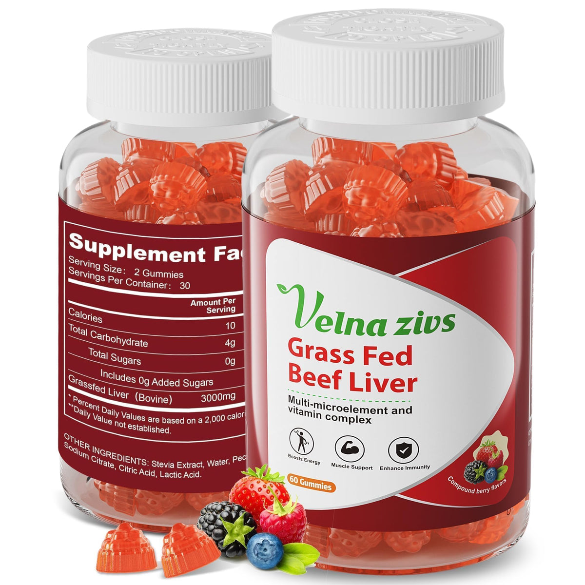 Bouteille de gummies au foie de boeuf Velna zivs vue de face