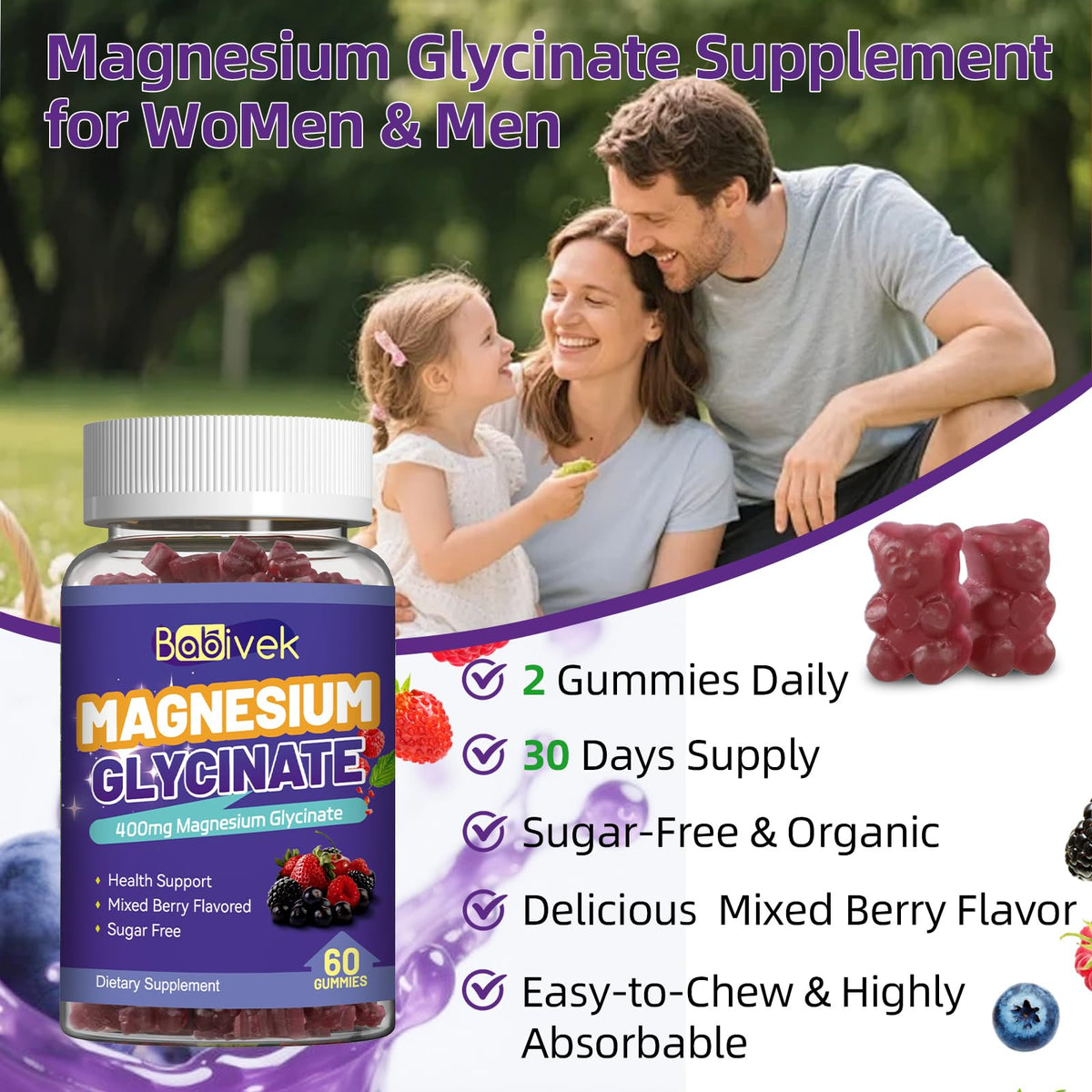 Bouteille de gummies Babivek avec étiquettes claires