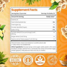 Bouteille de gummies BeElevated au curcuma et gingembre avec un fond naturel