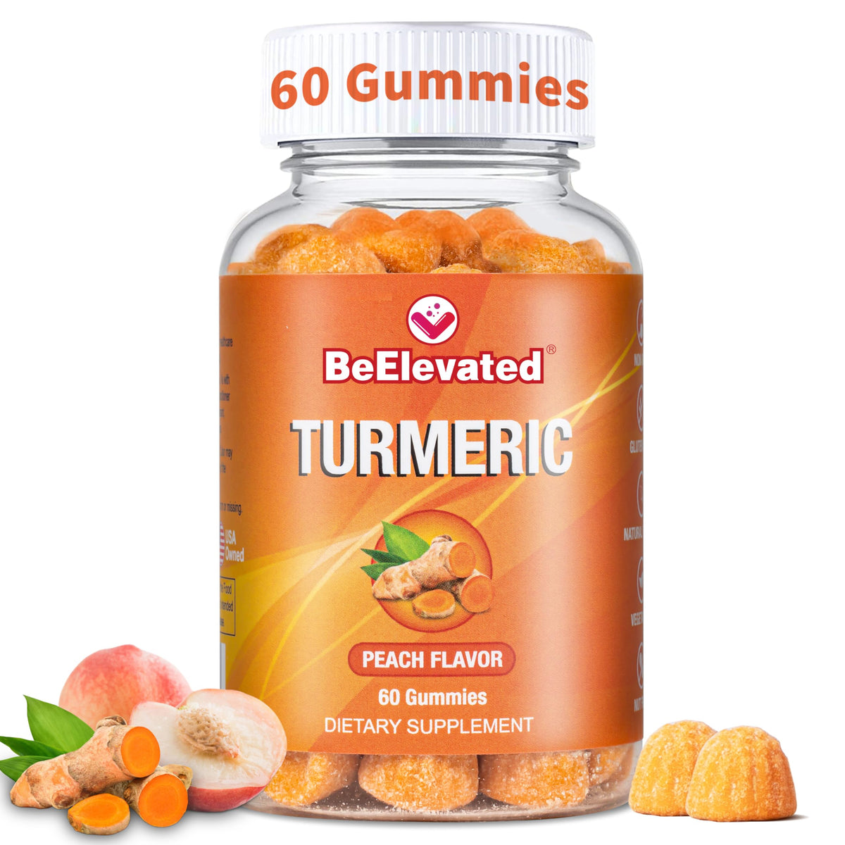 Bouteille de gummies BeElevated au curcuma et gingembre, vue de face