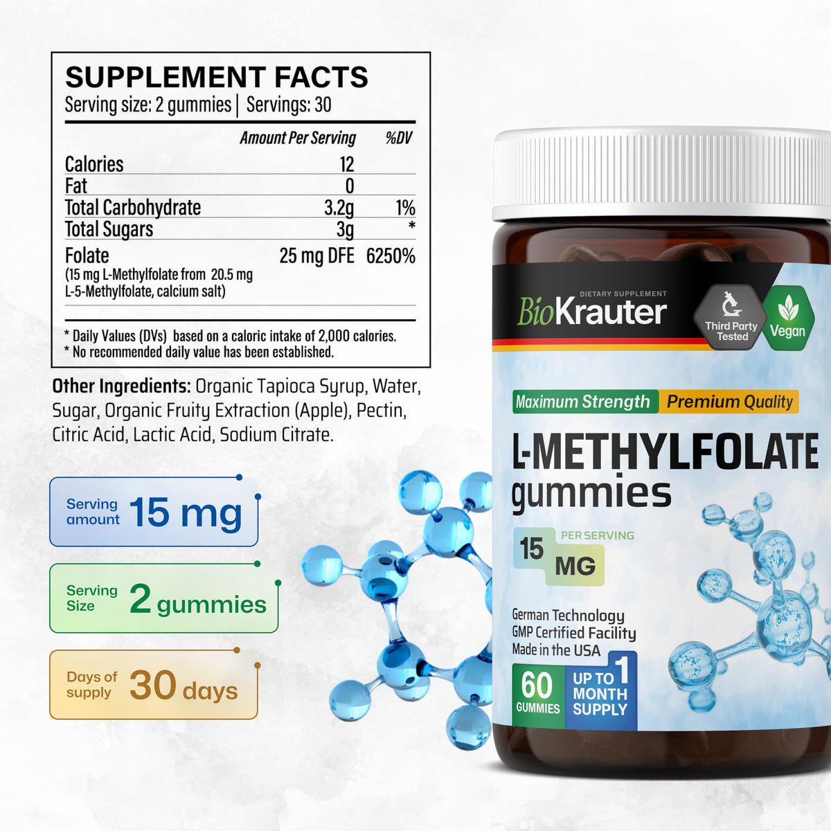 Bouteille de gummies BIO KRAUTER avec dimensions et informations