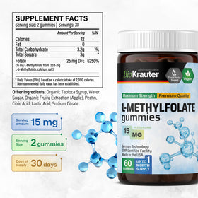 Bouteille de gummies BIO KRAUTER avec dimensions et informations