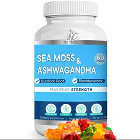 Bouteille de gummies BIO VITALICA à la mousse de mer Ashwagandha avec étiquette visible