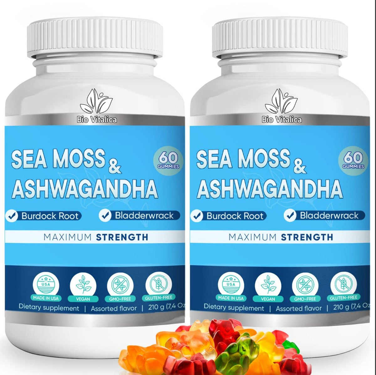 Bouteille de gummies BIO VITALICA à la mousse de mer et ashwagandha, vue de face