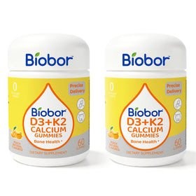 Bouteille de gummies Biobor à la Vitamine D3 K2 Calcium, vue de face