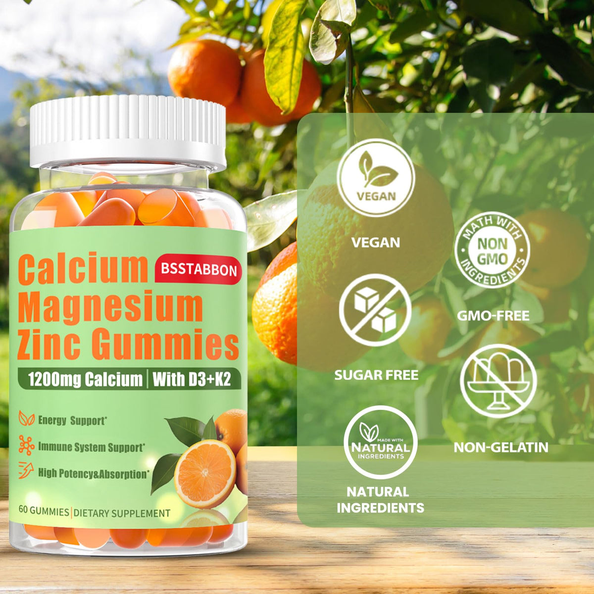 Bouteille de gummies BSSTABBON avec étiquette orange