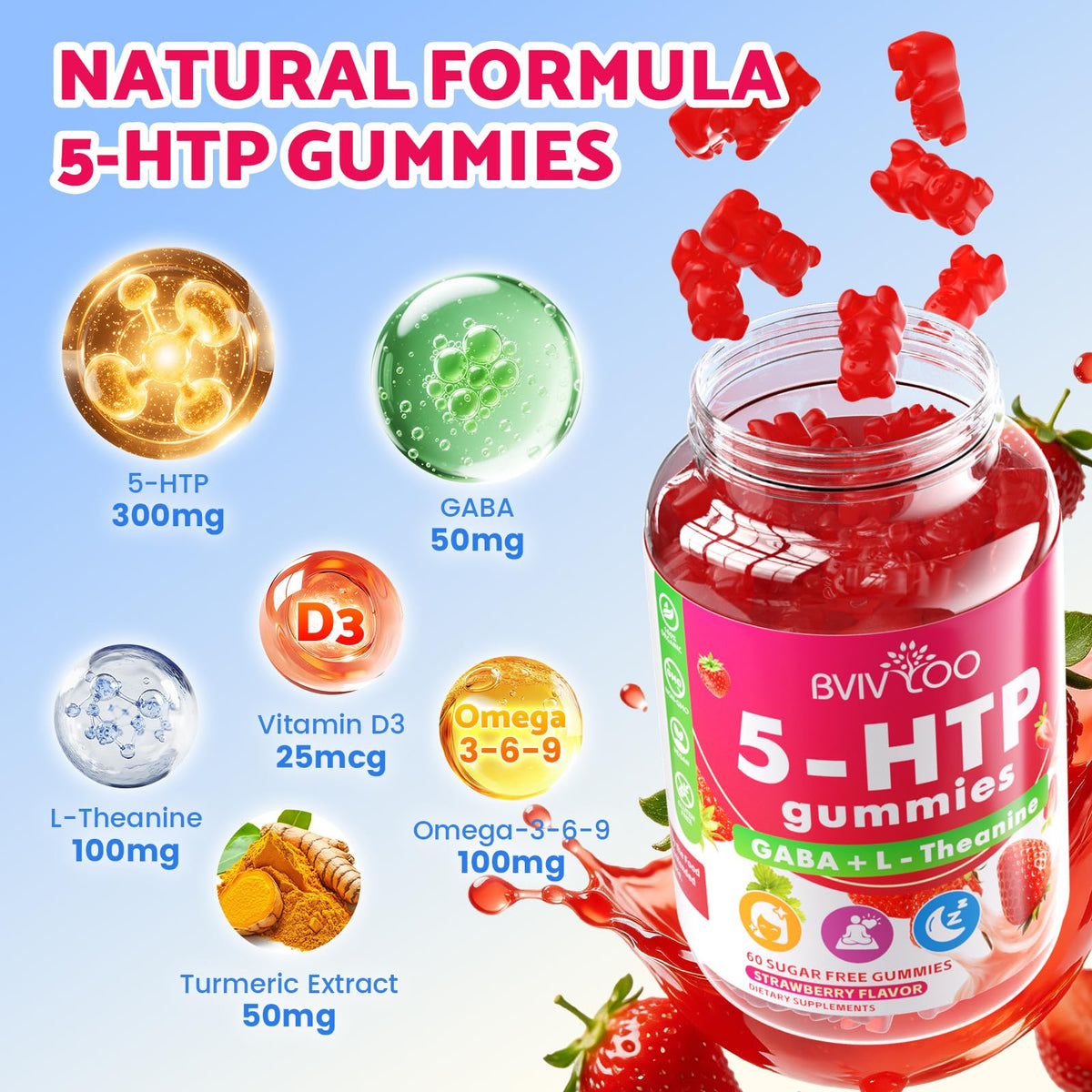 Bouteille de gummies BVIVLOO 5-HTP sans sucre sur une table, ambiance naturelle