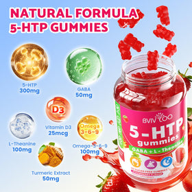 Bouteille de gummies BVIVLOO 5-HTP sans sucre sur une table, ambiance naturelle