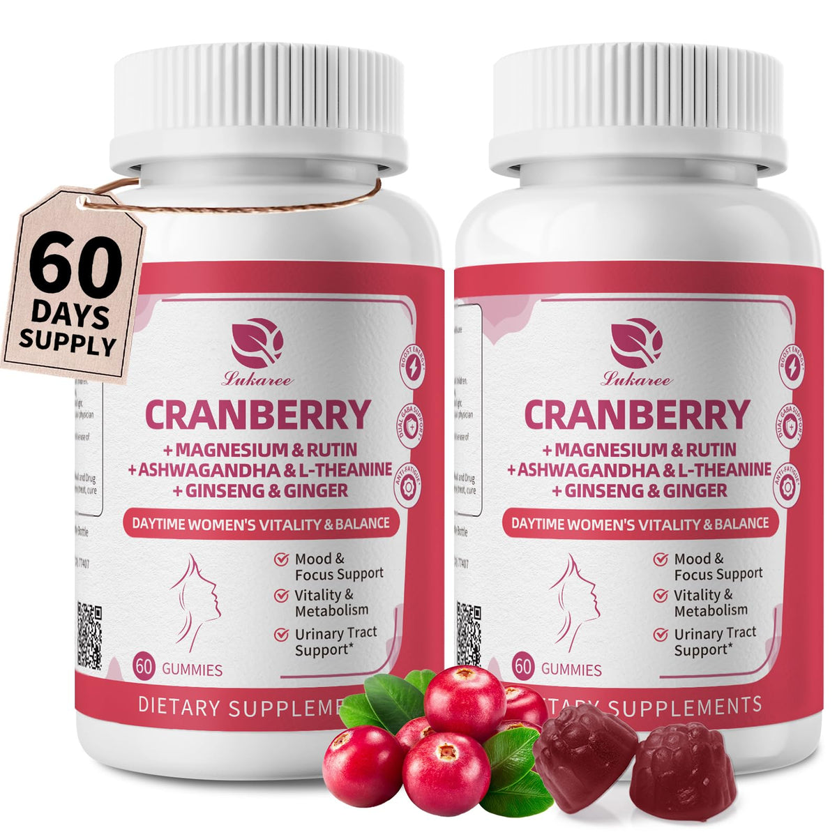 Bouteille de gummies canneberge Lukaree avec 120 gummies