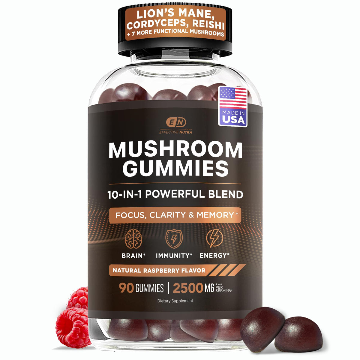 Bouteille de gummies champignons Effective Nutra vue de face