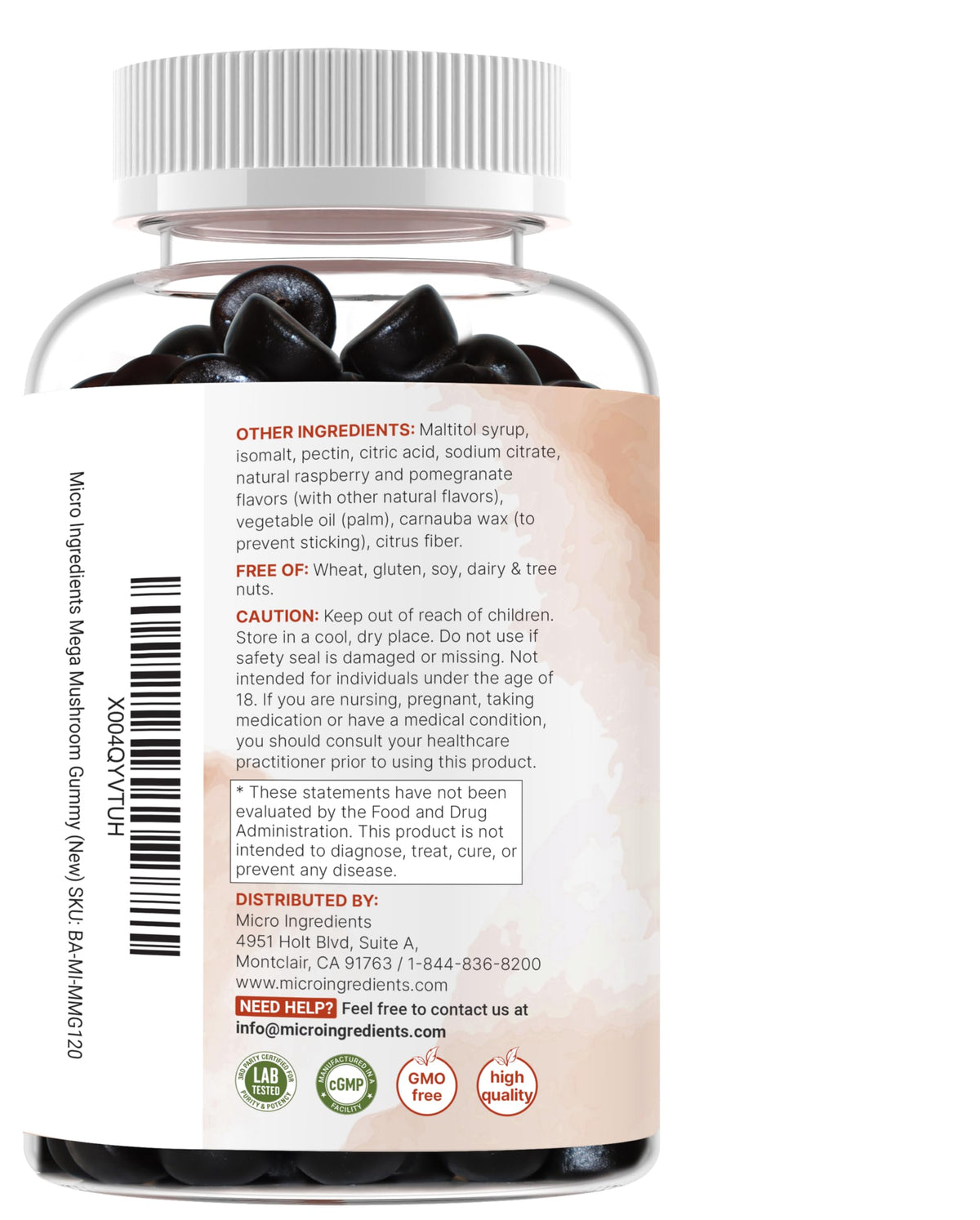 Bouteille de gummies champignons Micro Ingredients sur fond blanc