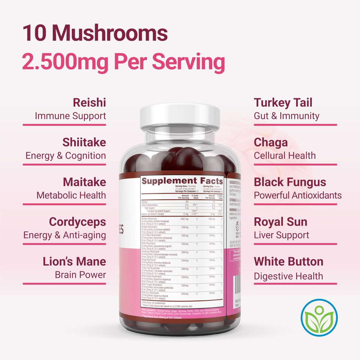Bouteille de gummies champignons Purify Life 10-Plex ouverte