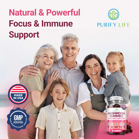 Bouteille de gummies champignons Purify Life 10-Plex sur une table