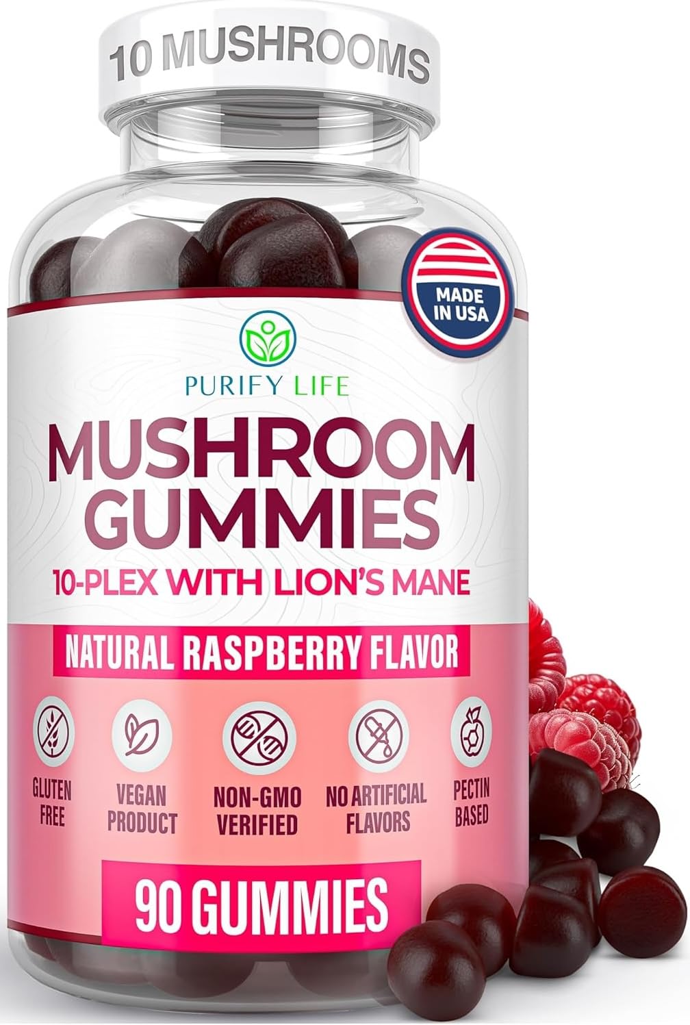 Bouteille de gummies champignons Purify Life 10-Plex vue de face