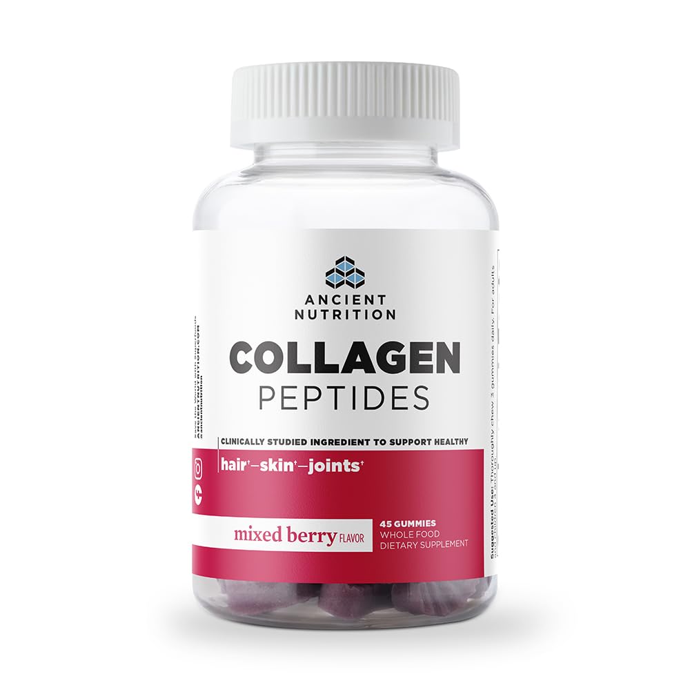 Bouteille de gummies Collagen Peptides d'Ancient Nutrition, fruits mélangés, 45 pièces