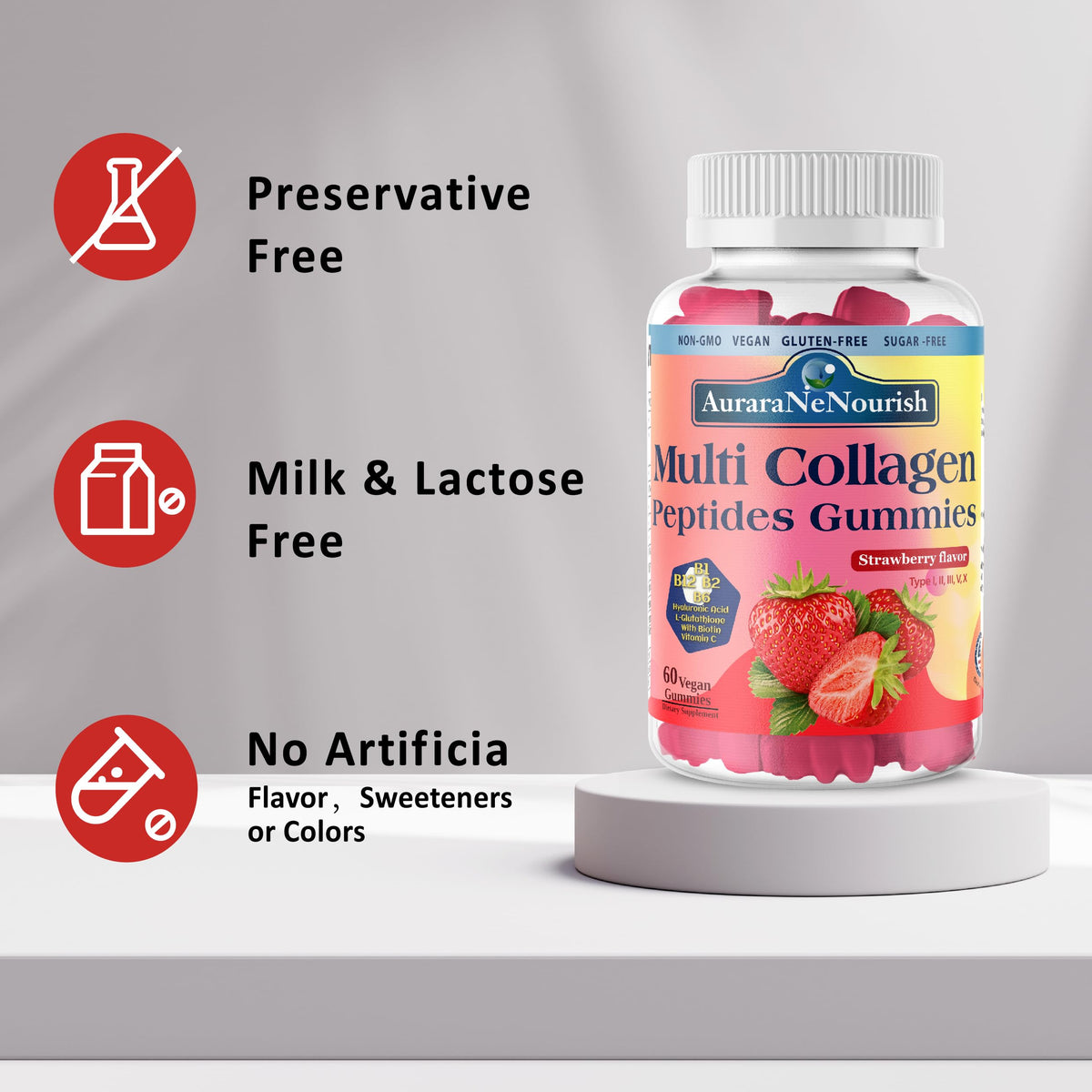 Bouteille de Gummies collagène AuraraNeNourish vue de côté
