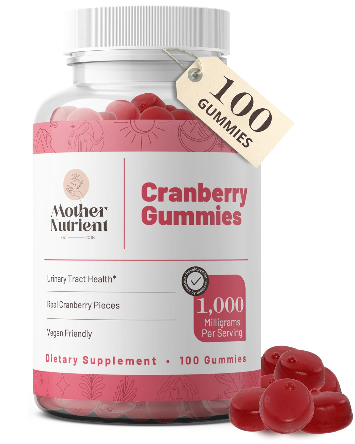 Bouteille de gummies cranberry Mother Nutrient 100 unités vue de face