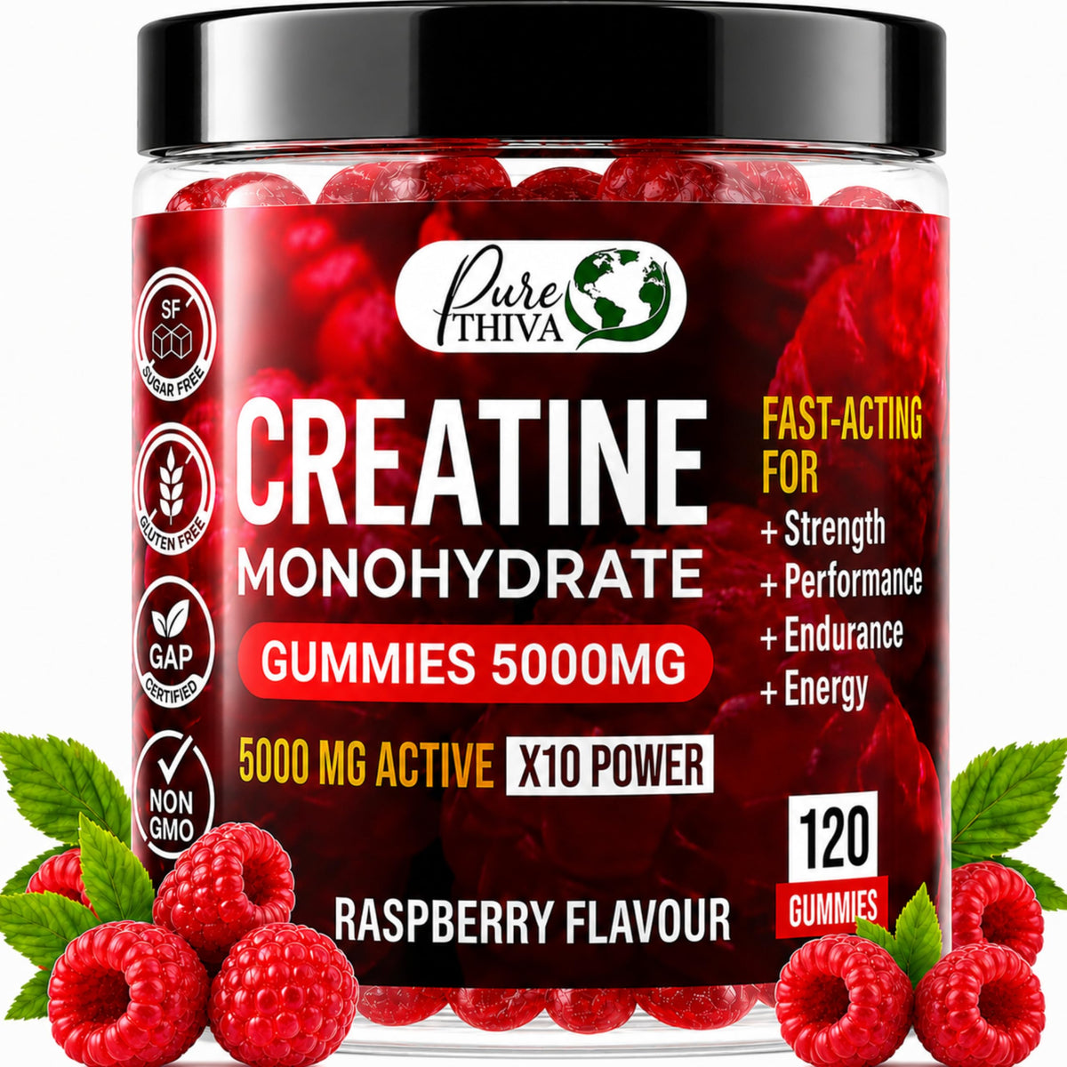 Bouteille de gummies créatine monohydrate PureThiva 5000mg framboise