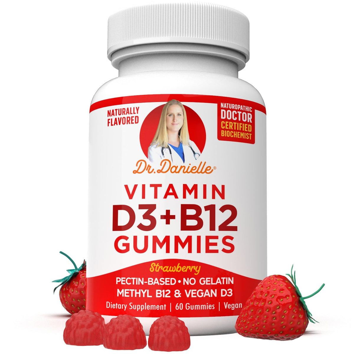Bouteille de gummies D3 + B12 Vegan Doctor Danielle avec 60 gummies