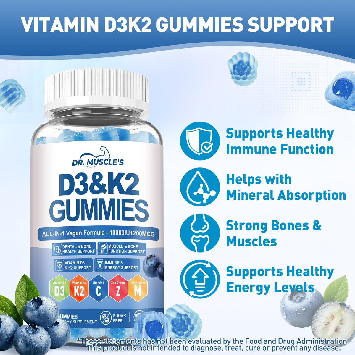 Bouteille de gummies D3 K2 DR. MUSCLE'S ouverte