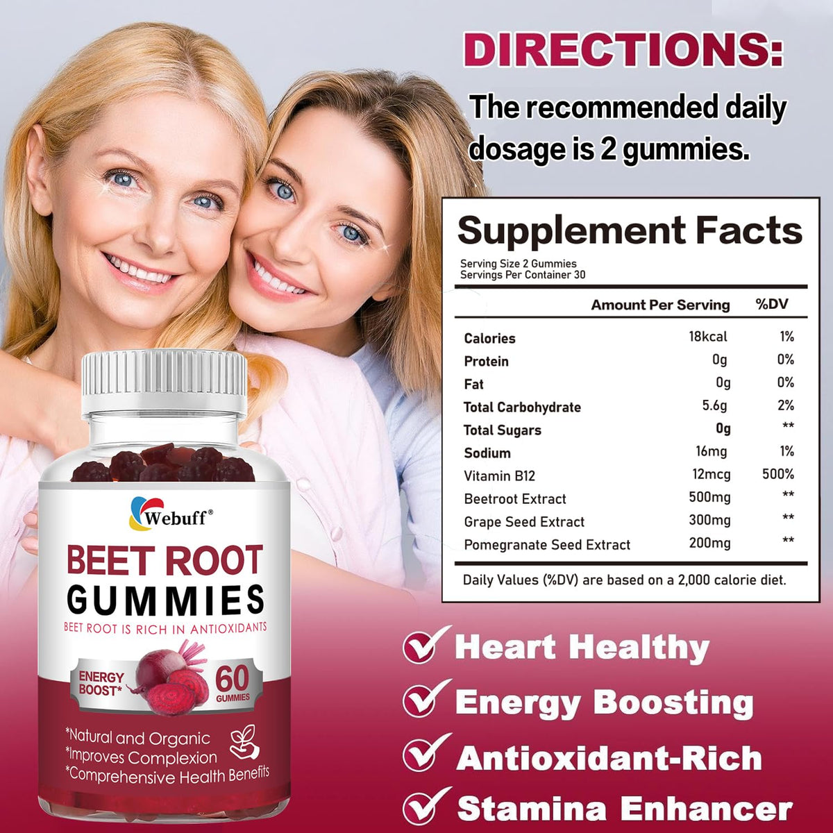 Bouteille de gummies de betterave Webuff avec étiquette visible