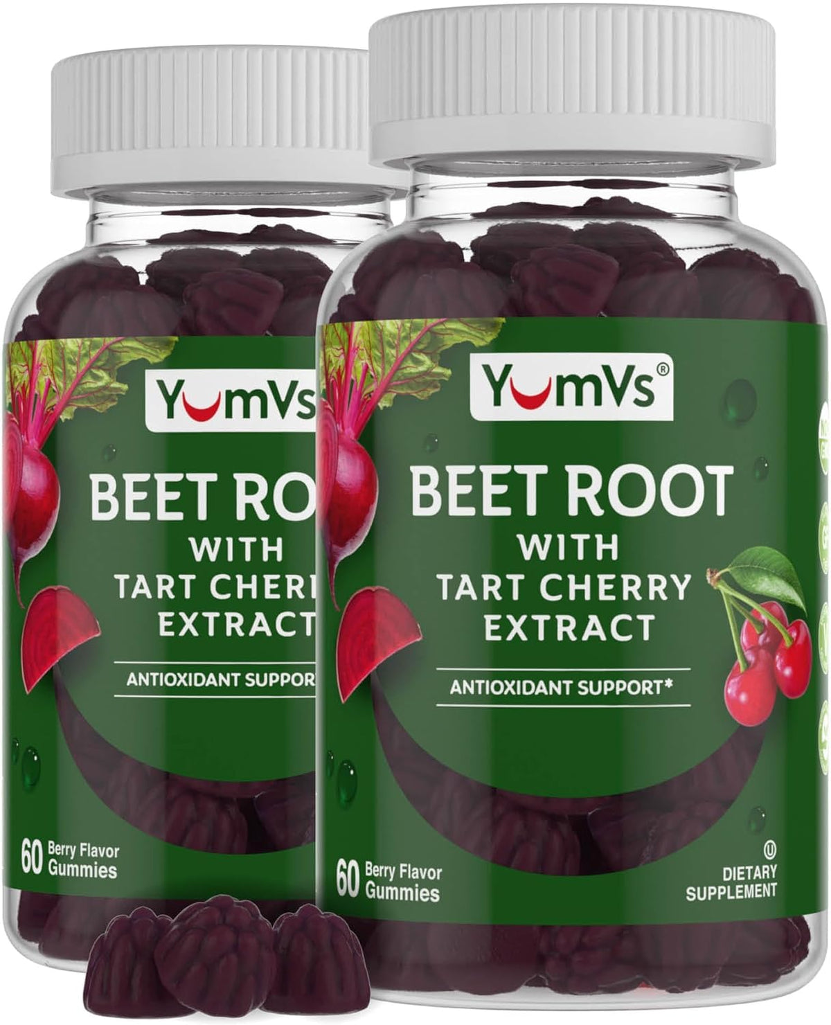 Bouteille de gummies de betterave YUM-V'S avec extrait de cerise acide, vue de face