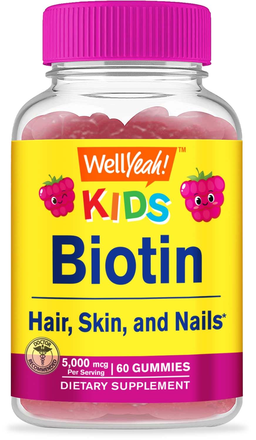 Bouteille de gummies de biotine WellYeah pour enfants 5000 mcg, vue de face