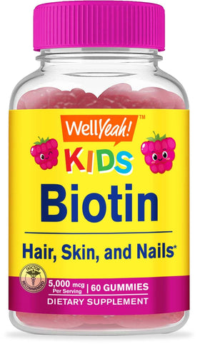 Bouteille de gummies de biotine WellYeah pour enfants 5000 mcg, vue de face