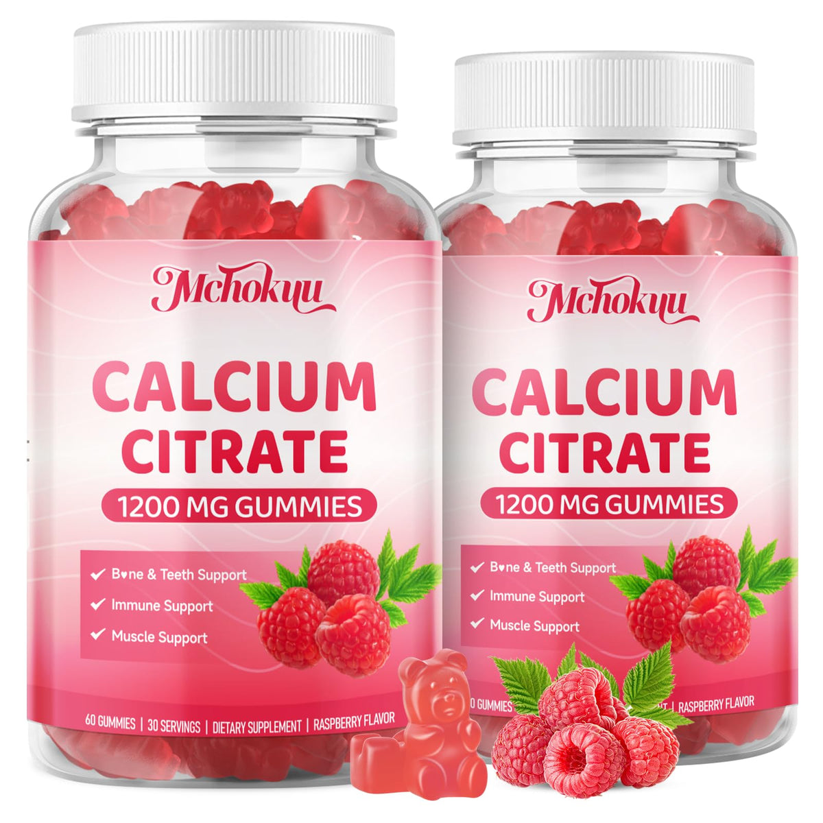 Bouteille de gummies de calcium citrate Mchokuu sur une table avec des fruits