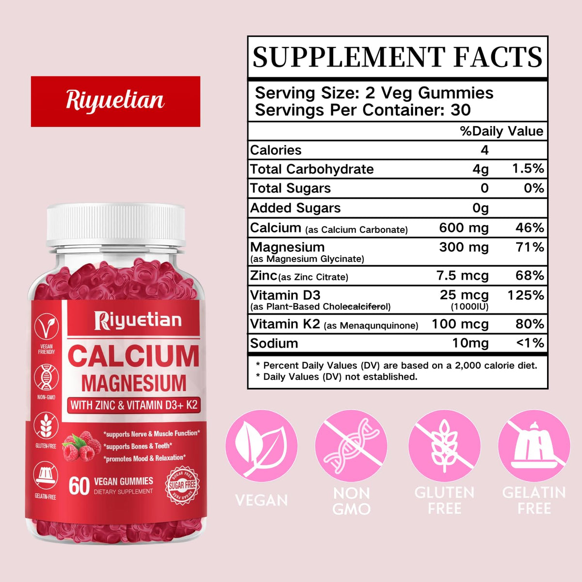 Bouteille de gummies de Calcium, Magnésium et Zinc Riyuetian ouverte