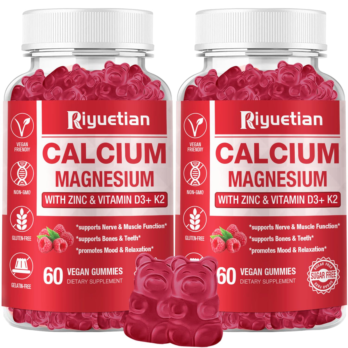Bouteille de gummies de Calcium, Magnésium et Zinc Riyuetian vue de face