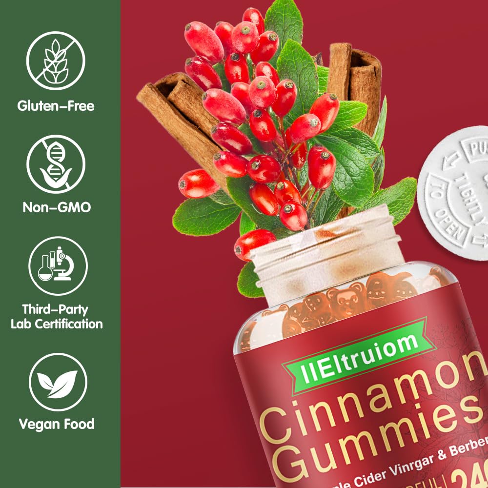 Bouteille de gummies de cannelle Ceylan IIEltruiom ouverte montrant les gummies