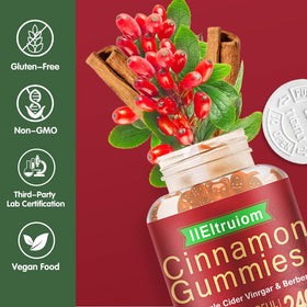 Bouteille de gummies de cannelle Ceylan IIEltruiom ouverte montrant les gummies