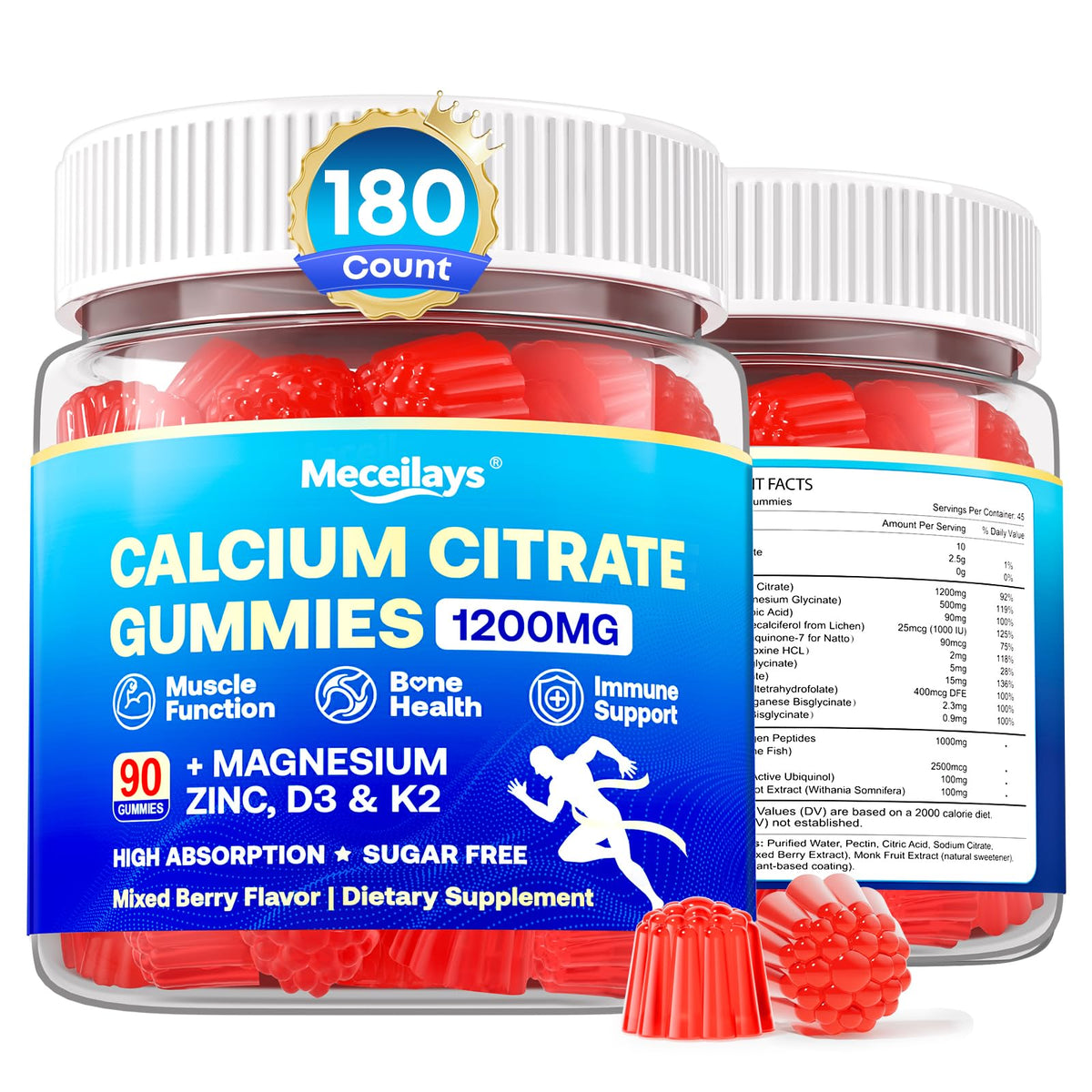 Bouteille de gummies de citrate de calcium Meceilays 1200 mg saveur baie mixte