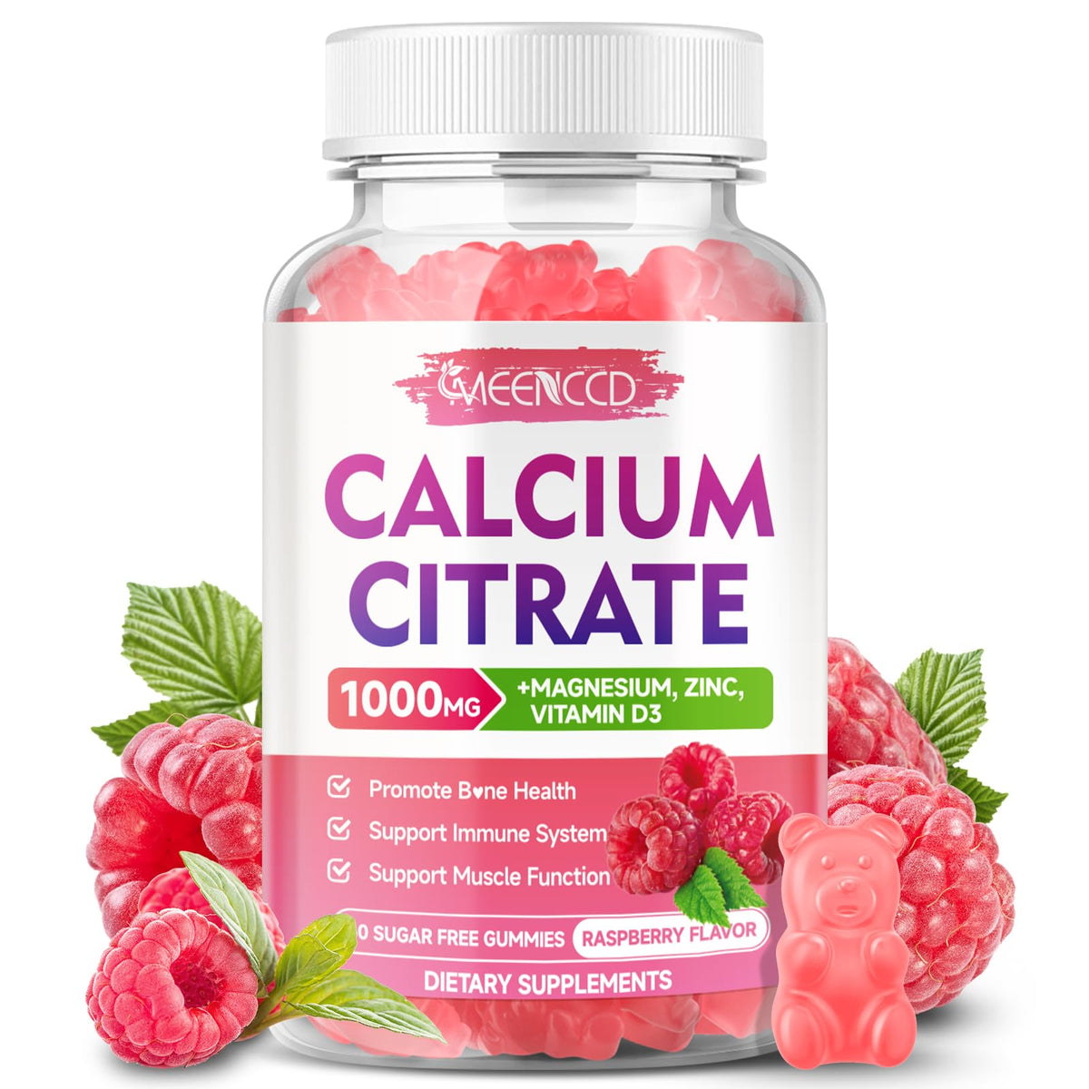 Bouteille de gummies de citrate de calcium MEENCCD avec étiquette visible