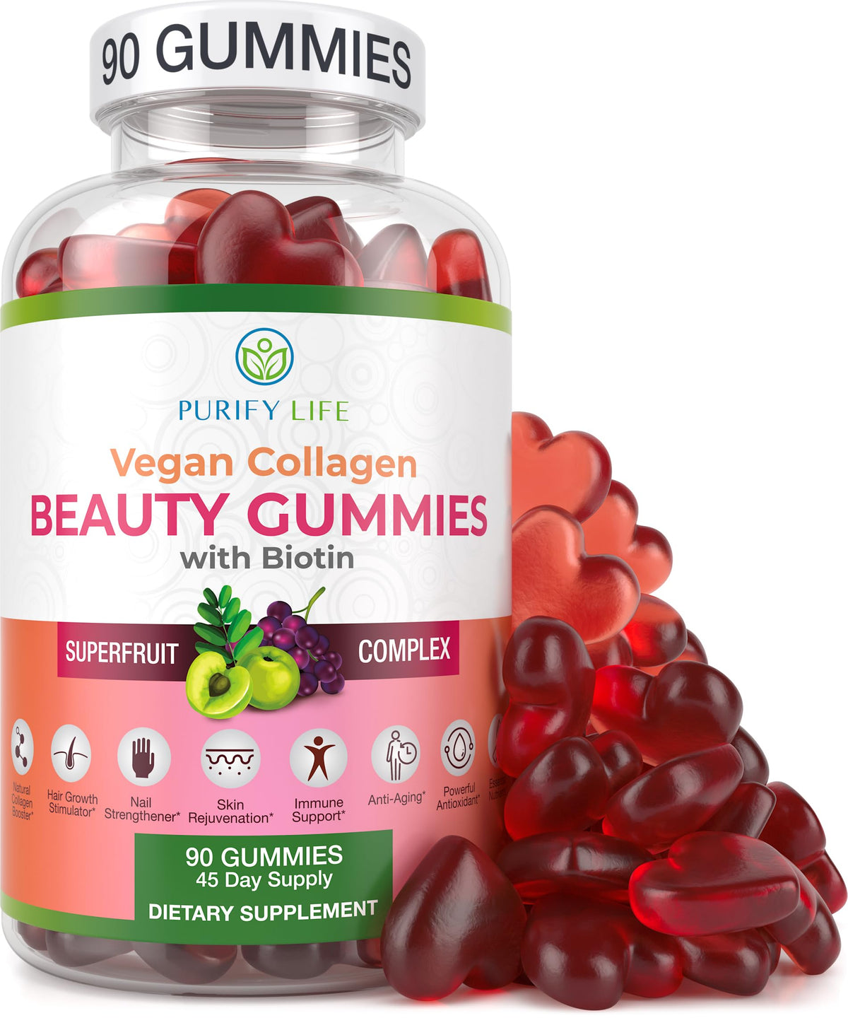 Bouteille de gummies de collagène végétalien Purify Life vue de face