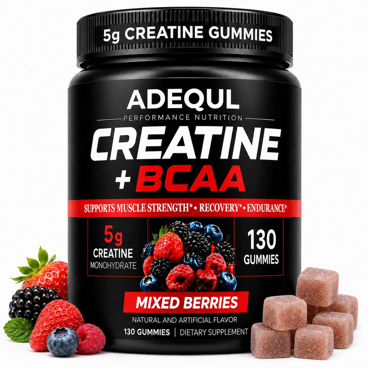 Bouteille de gummies de créatine ADEQUL 130 unités vue de face