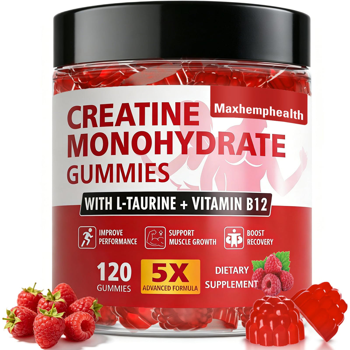 Bouteille de gummies de créatine Maxhemphealth 120 comptant, goût framboise
