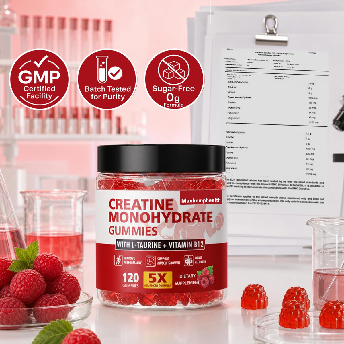 Bouteille de gummies de créatine Maxhemphealth ouverte montrant les gummies