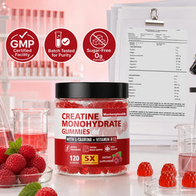 Bouteille de gummies de créatine Maxhemphealth ouverte montrant les gummies
