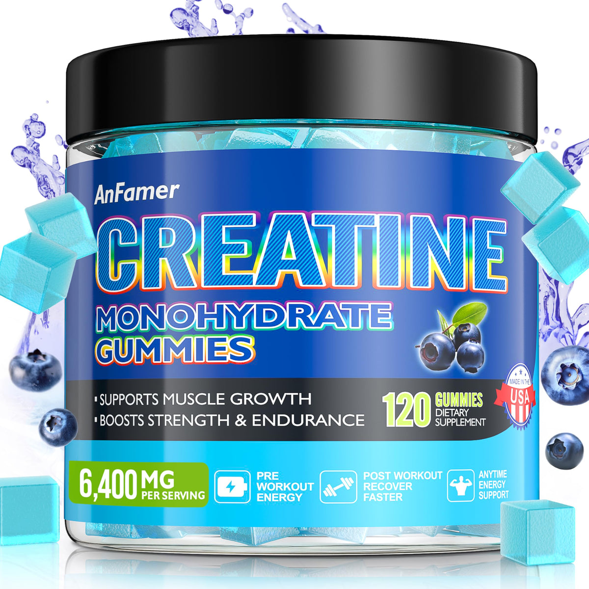 Bouteille de gummies de créatine monohydrate AnFamer, 120 unités, saveur myrtille