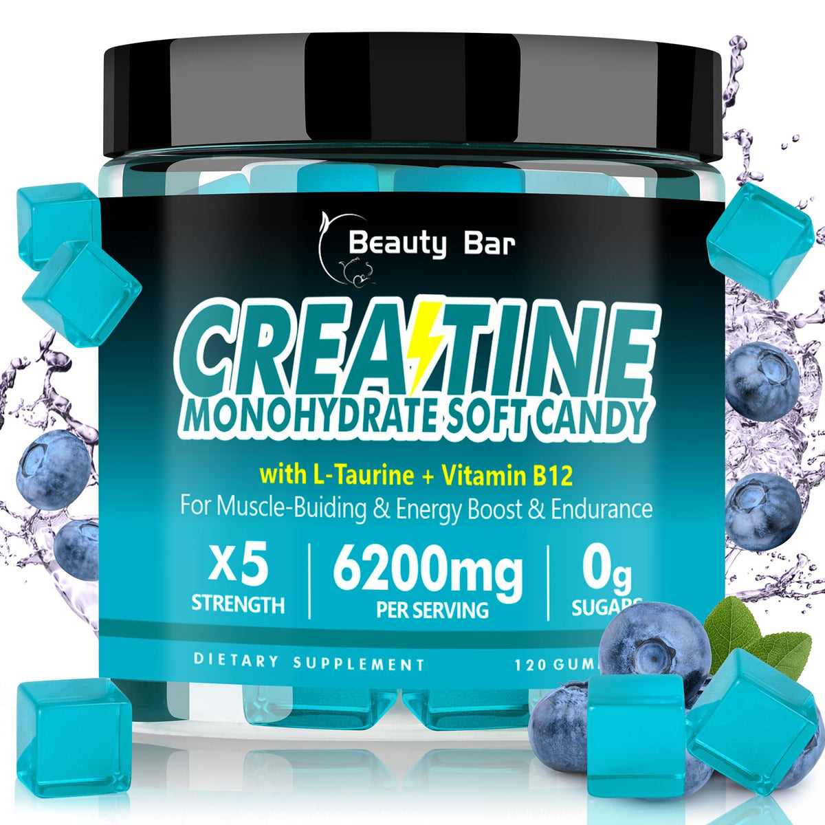 Bouteille de gummies de créatine monohydrate Beauty Bar 120 unités saveur myrtille