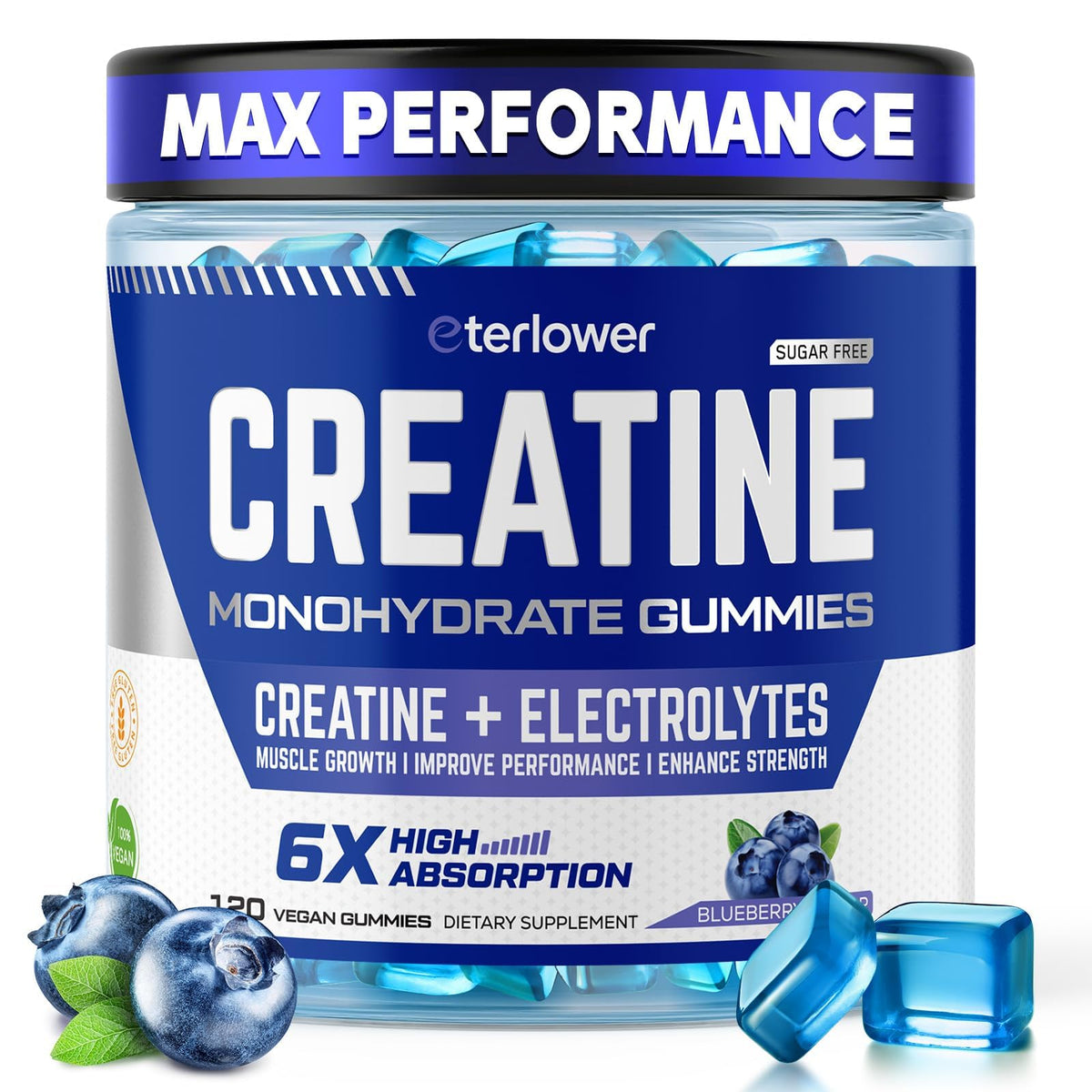 Bouteille de gummies de créatine monohydrate eterlower, 120 unités, vue de face