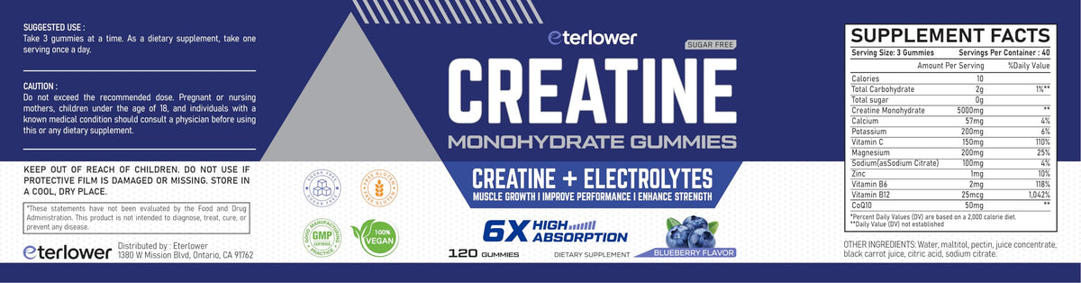 Bouteille de gummies de créatine monohydrate eterlower avec une main tenant une gummy